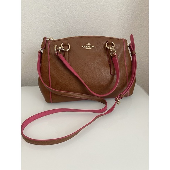 Coach Mini Christie Brown Pebble Leather Pink Trim Pink Lining Zip F37762 - Picture 1 of 16